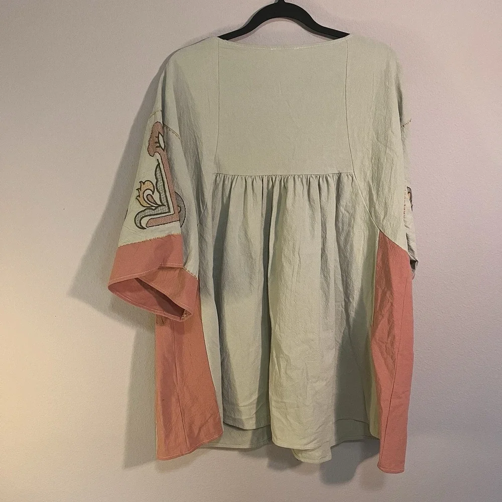 Boho Sage Embroidered Dress Loose Fit V-Neck Babydoll Size S festival Fairy - Picture 2 of 7